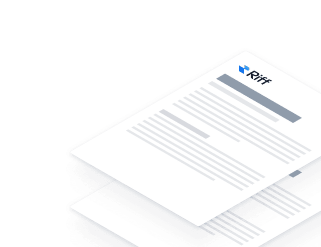 Isometric mockup documents with Riff branding floating on top of each other